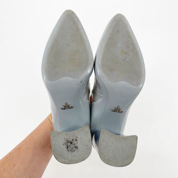 Prada F/W 2015 Silver Metallic Leather Mary Jane Rubber Trim Block Heels IT 37.5 - Picture 12 of 16